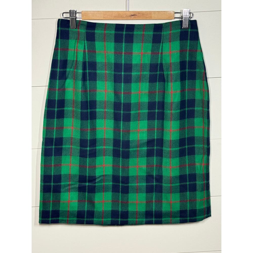 Beautiful Vintage Talbots Green & Navy Wool Plaid Skirt - Size 10